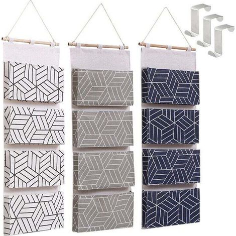 Sac de Rangement Suspendu 3 Pièces Organisateur Suspendu sur Porte Tissu de Lin Pochette de Rangement avec 4 Compartiment et Crochets,80303cm (1/4)