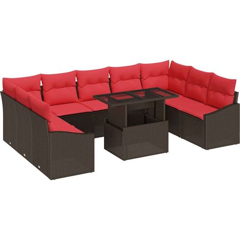 Sofa Set 10 pcs 9-Seater Brown and Red Poly Rattan vidaXL (1/5)