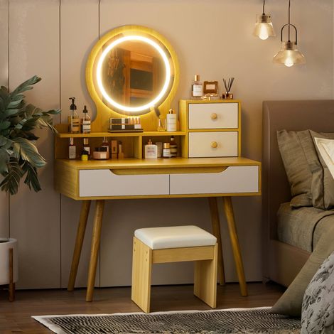 Ensemble Coiffeuse 80x40x135 cm avec miroir LED et tabouret rembourré et 2 tiroirs et 2 petits placards MDF couleur bois