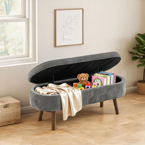 Banc de rangement en tissu chenille et bois massif avec coffre (1/5)