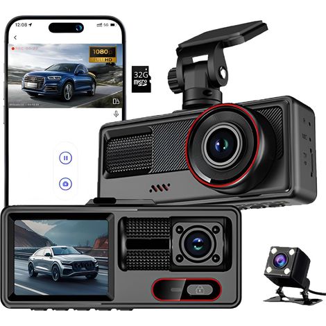 3 caméras Avant Arrière,WiFi Caméra Embarquée Voiture avec Carte SD 32G,Camera Voiture Grand Angle 140°,Vision Nocturne,WDR,G-Capteur,Mode Stationnement 24H,Enregistrement en Boucle