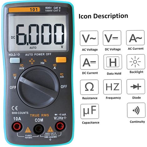 RM101 True RMS Multimètre numérique LCD multifonctionnel DMM DC Tension AC Compteur de courant Résistance Diode Testeur de capacité Mesure Identification automatique de polarité Ampèremèt (1/5)
