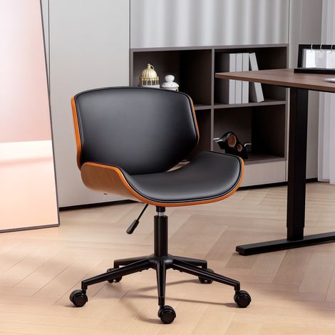 Sedia da scrivania girevole vintage senza braccioli, rivestita in similpelle, con struttura in legno curvato, altezza regolabile, nei colori nero e marrone.
