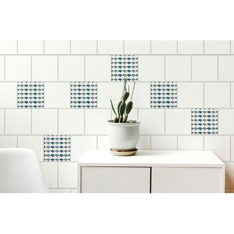 Sticker carrelage adhésif lessivable x4, 15x15 cm - Autocollant carreaux écailles de poisson bleu canard et gris déco maison (1/2)