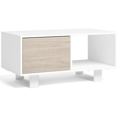 Skraut Home - Mesa de centro con puertas, salón comedor, Modelo WIND, color estructura Blanco, color puertas Roble, medidas 92x50x45cm de altura. (1/5)