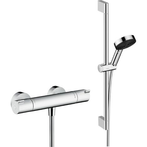 Hansgrohe Ecostat Set Thermostat-Brausebatterie + XXL-Handbrause 105 mm 3 Strahlarten, Brauseschlauch 160 cm, Stange 65 cm