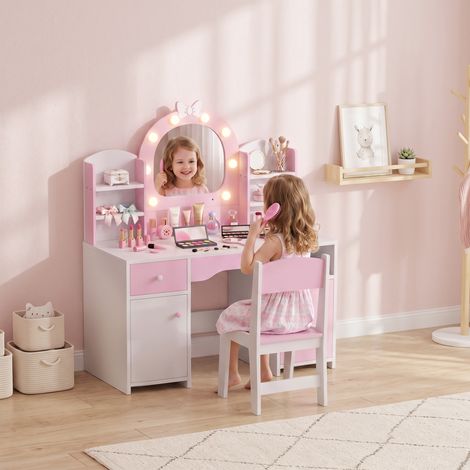 Coiffeuse Enfants avec Tabouret et Miroir en Bois 3-8 Ans Rose (1/5)