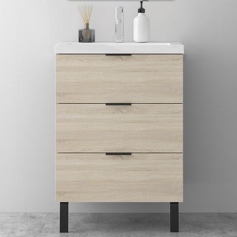 AICA Meuble de Salle de Bain 60cm avec Pieds, simple vasque, 3 tiroirs, Chêne, Style Moderne (1/5)