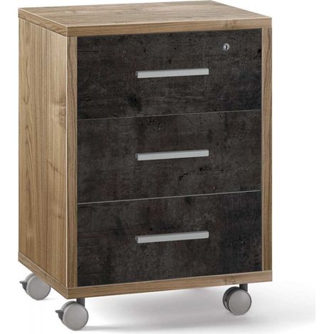 Cassettiera con Ruote, 3 cassetti 51L x 41P x h71 – Finitura Legno Noce E Nero Opaco – Sarmog (1/3)