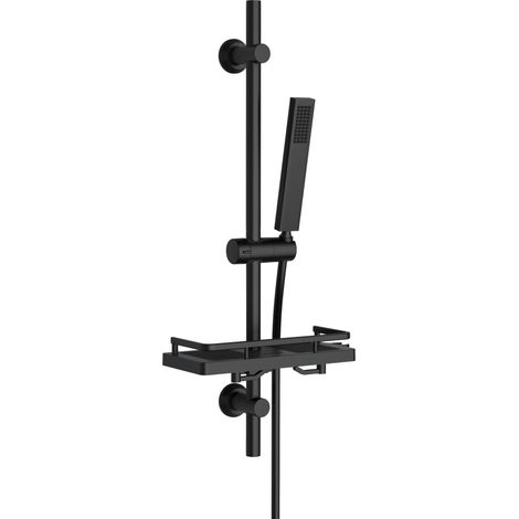 Colonne de douche avec étagère de douche/porte-savon, barre de douche en acier inoxydable de 70 cm avec douchette à main, douchette de douche avec tuyau et support, noir mat (1/5)