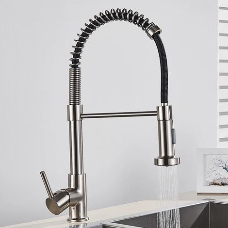 Robinet de cuisine en métal brossé doré, douchette extractible à 2 jets, mitigeur eau chaude/froide à poignée unique, rotation à 360°, flexible nickelé noir. (1/5)