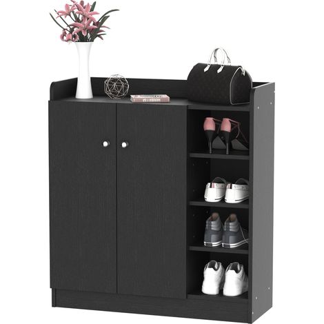 easycomfort armadio scarpiera salvaspazio regolabile, scarpiera moderna in legno per 12 paia di scarpe con 4 ripiani aperti, 83x30x90 cm, nero (1/5)