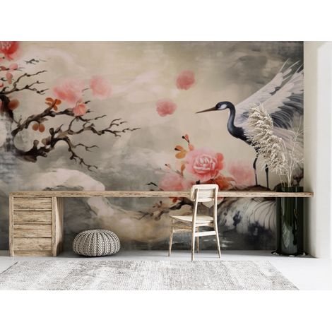 Papier peint animaux heron blanc au coeur de branches fleuries - 150 x 250 cm (1/2)