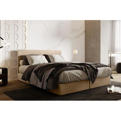 Ensemble 140x200 cm SIESTA avec rangement et matelas ressorts ensachés en velours beige (1/5)
