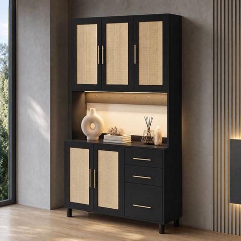 Credenza da cucina con LED multicolore, 3 cassetti, 2 prese, porta USB, ripiani regolabili, MDF nero (1/5)