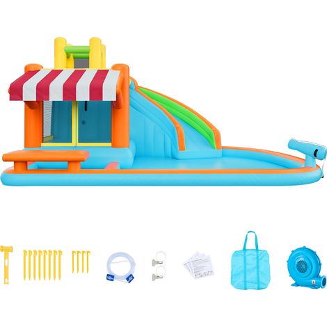 Mophorn Castello gonfiabile per bambini da esterno con parco acquatico, dotato di scivolo, piscina e bancarella. Ideale per 3-4 bambini dai 3 agli 8 anni per divertirsi con giochi d'acqua all'aperto. (1/5)