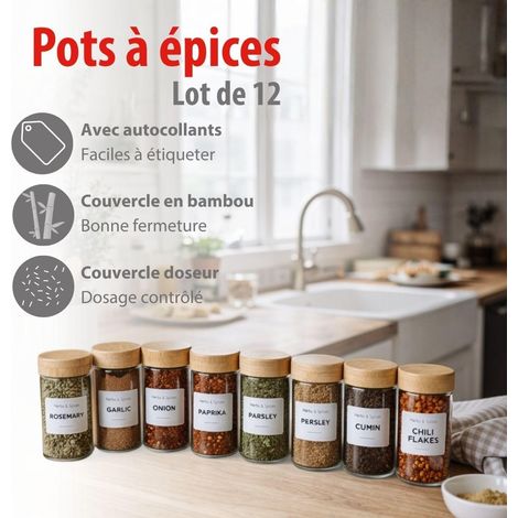 Pot Epices Verre Lot de 12 - Petit Pot en Verre avec Couvercle Bambou et Doseur - Rangement Cuisine et Rangement Epices