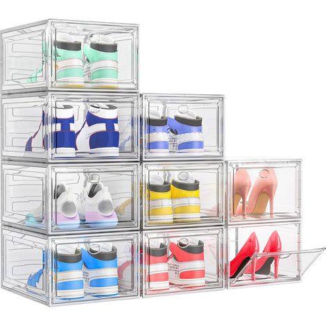 Boîtes à chaussures, Lot de 9, Boîte à Chaussures en Plastique Transparent Empilable, Conteneurs Organisateurs de Chaussures Pliables et Robustes avec Porte pour Femmes/Hommes, Blanc (1/5)