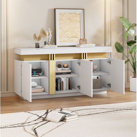 Aparador 140x38x70 cm blanco en tablero de partículas con efecto mármol y 3 puertas con estantes ajustables (1/5)