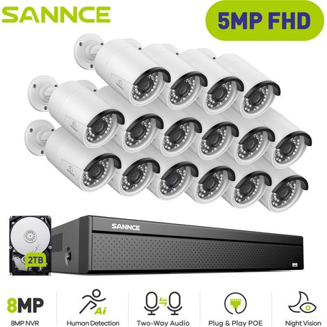 SANNCE Kit de Vidéosurveillance Filaire PoE,16CH NVR avec 3MP × 12 Caméras PoE Système de Surveillance Vidéo Accès Distance Vision Nocturne Enregistrement 24/7,2TB HDD (1/5)
