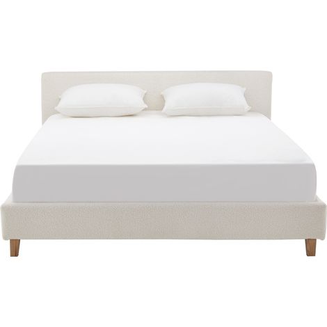 Lit adulte 160x200 cm avec tête de lit capitonnée en tissu bouclé beige - Milo (1/5)