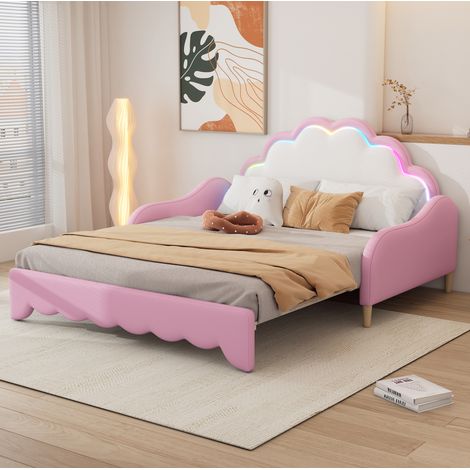 Canapé-lit PU rose 140x200 cm convertible avec tête de lit LED et sommier à lattes inclus (1/5)