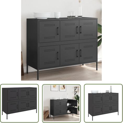 The Living Store Sideboard Schwarz 100,5x39x79 cm Stahl - Industrielles Design - Sideboard Schwarz - Schreibtisch Sideboard - Regal - Aufbewahrungsschrank