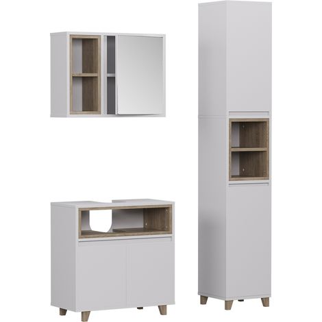 Set di mobili da bagno Elnor, Bianco/quercia, 3 parti con mobile alto, Vicco