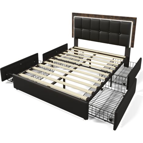 Cadre de lit double rembourré 160x200 cm avec bande LED et 4 tiroirs, tête de lit réglable en hauteur, lit multifonction, PU noir (avec matelas) (1/5)