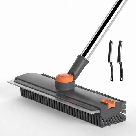 Brosse à récurer pour sol avec long manche, brosse à récurer avec raclette et 2 brosses à sucer, brosse de nettoyage à poils rigides pour salle de bain, douche, carrelage, coins muraux (1/5)