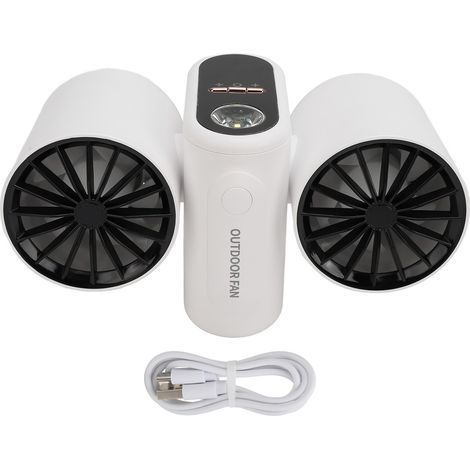 Portable Dual-Head Belt Fan with Emergency Light, 8000 mAh Battery, 3 Speeds, White (1/5)