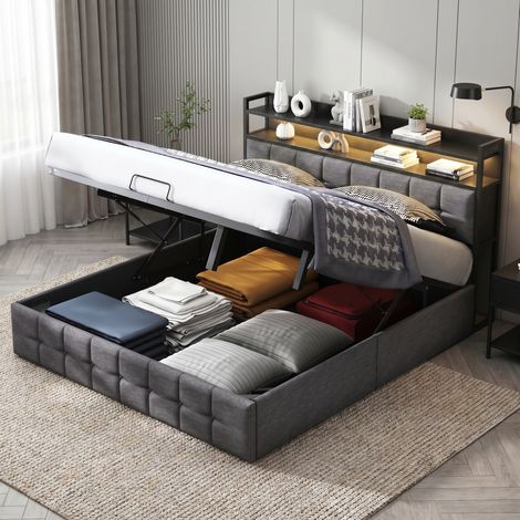 Lit Coffre 160x200 cm avec Éclairage LED et Prises USB/Type-C - Sommier à lattes et rangement à Vérins hydrauliques - style moderne - gris