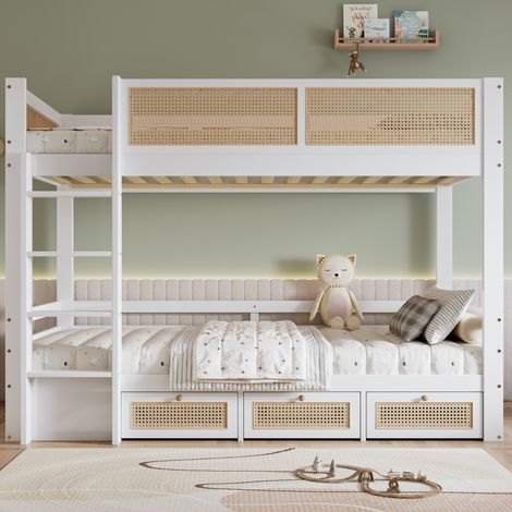 Lit superposé enfant 90 x 200 cm en bois blanc et naturel avec tiroirs, échelle et sécurité (1/5)