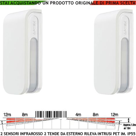 Sensore di Movimento Infrarosso 4 PIR BXS Due Rilevatori Doppia Tenda Esterno Portata 12+12 Metri Lineari Regolabile Via Filo Relè Allarme Protezione Finestre in linea Alimentazione 12 V Assorb. 34 mA (1/4)