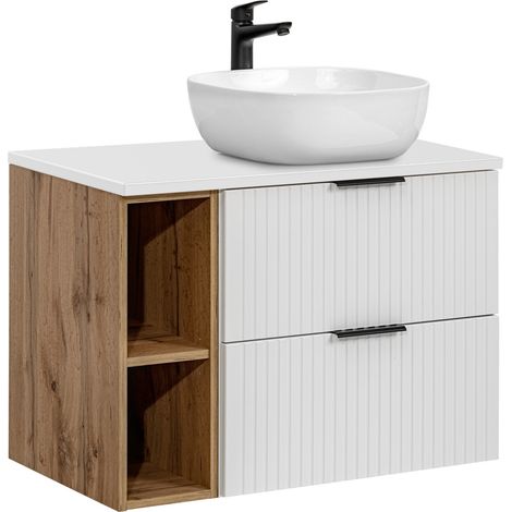 Waschtisch 80cm mit Keramik-Waschbecken, weiß mit Eiche Nb., gerillte Front, ADELAIDE-56-WHITE (1/5)