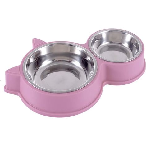 Gamelle double en acier inoxydable, de la taille d'une oreille de chat, anti-basculement, rose (1/5)