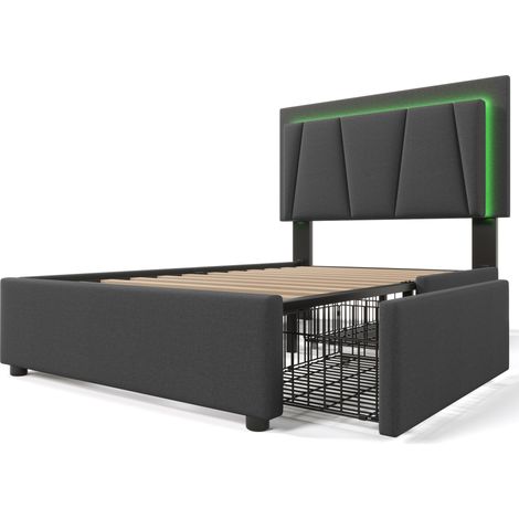 Cama tapizada 90x200 cm gris con LED y 2 cajones, cabecero regulable, sin colchón (1/5)