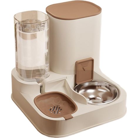 Distributeur d'eau et de nourriture automatique 2-en-1 (Acier inoxydable) — Pour chats et chiens — Mangeoire amovible — Marron (1/4)