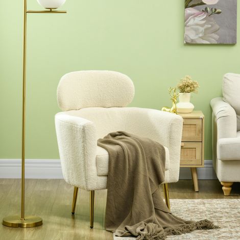 Fauteuil de Salon Crapaud en Peluche Teddy - Appui-tête Amovible, Pieds en Métal, 71x65x90cm, Crème