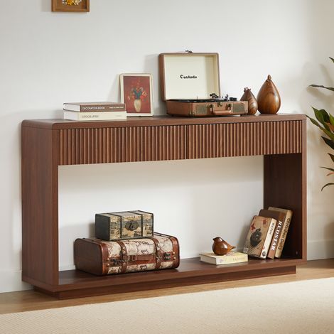 Console d'entrée 150x35x85 cm avec 2 tiroirs et niche ouverte, pour couloir ou salon, marron, panneaux et MDF (1/5)
