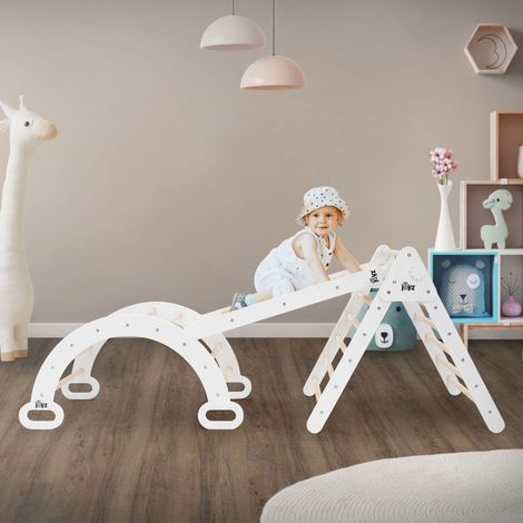 Joyz 3in1 Kletterdreieck mit Rutsche & Kletterbogen, Natur-Weiß, Holz, Bogenwippe mit Kletterrampe Pikler Art, Montessori Klettergerüst Set Indoor für Kinder ab 2 Jahre, Lernspielzeug Kletterspielzeug