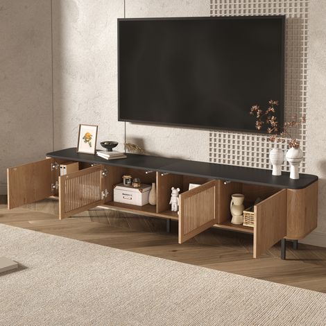 DESMIU Meuble TV avec niches de rangement, portes à grille, pour salon, en MDF et panneaux de particules, chêne, 190 × 35 × 45 cm (1/5)