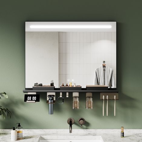ELEGANT 800x600 Bathroom LED Mirrors with Anti-Fog Storage Shelf, Dimmable 3-Color Lighting and Touch Switch Butto