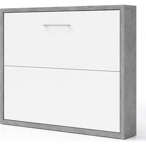 Lit escamotable horizontal KLIKA - Sommier à lattes - Poignée acier brossé 54cm Gris ciment Sans matelas-80x180-Cadre Gris ciment-Façade Blanche (1/5)