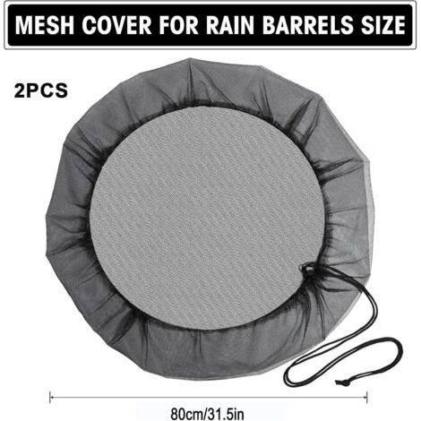Filet de protection pour bac de récupération d'eau de pluie (2 pièces) avec cordon de serrage, réglable, protège contre les moustiques et les feuilles mortes, 80 cm (1/4)
