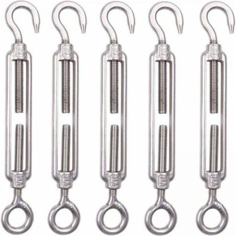 Pack of 5 M8 Stainless Steel Cable Tensioners, 6mm, Fence Tensioner Hooks, 304 Stainless Steel Adjustable Wire Mesh Tensioners for Rope, Cable, Clothesline, Garden Fencing (1/5)