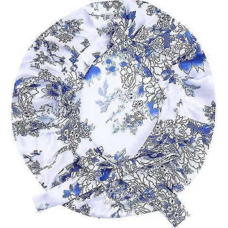 Seidenhaube, verstellbare Schlafmütze, blau mit schwarzen Blumen (1/2)
