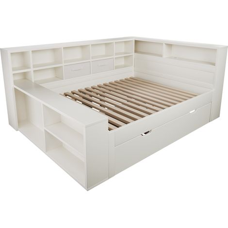 Lit coffre 140x200 blanc avec lit gigogne, rangements et ports USB Type-C HOMVRA (1/5)
