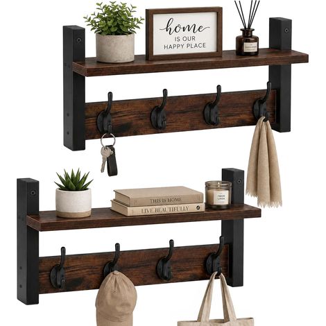 Relaxdays wall-mounted coat rack, set of 2, each with 4 double hooks, HxWxD: 19.5 x 40 x 11 cm, with hat shelf, brown (1/5)