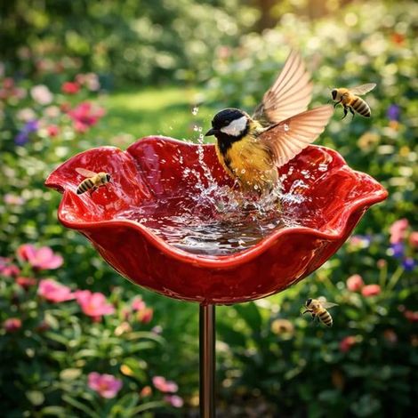Baño para pájaros YAGXIG, Baños para pájaros, Comedero para insectos, Bebedero, Baño para abejas de jardín, Motivo floral, Rojo (poste extraíble) (1/5)